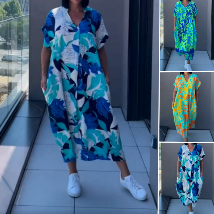 Yunae - Vestido estampado ligero con escote en V