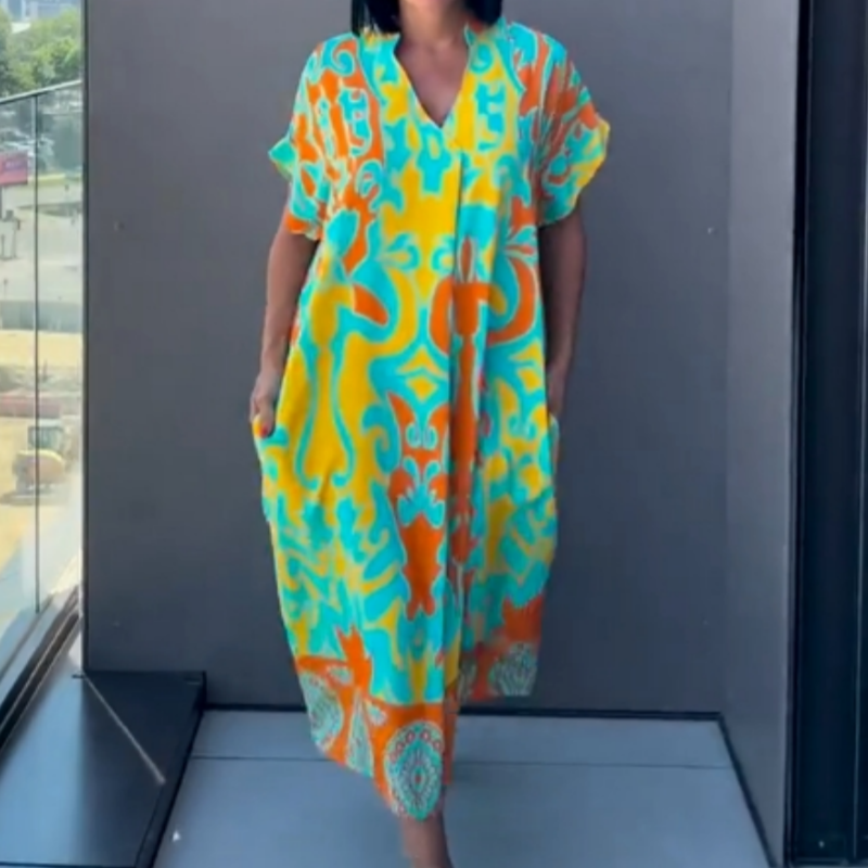 Yunae - Vestido estampado ligero con escote en V