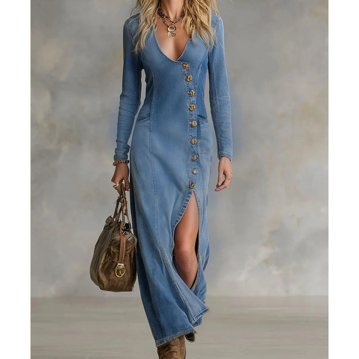 Rinae - Vestido maxi de manga larga con escote en V