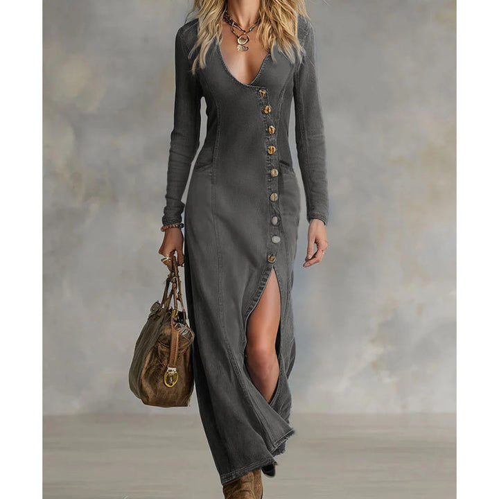 Rinae - Vestido maxi de manga larga con escote en V