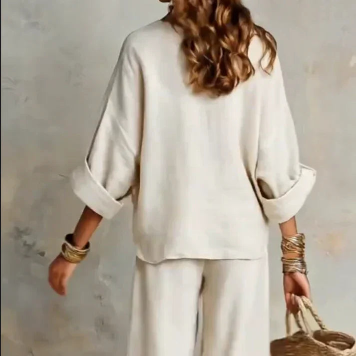 Zelora - Conjunto de top ligero con escote en V y pantalón de pierna ancha