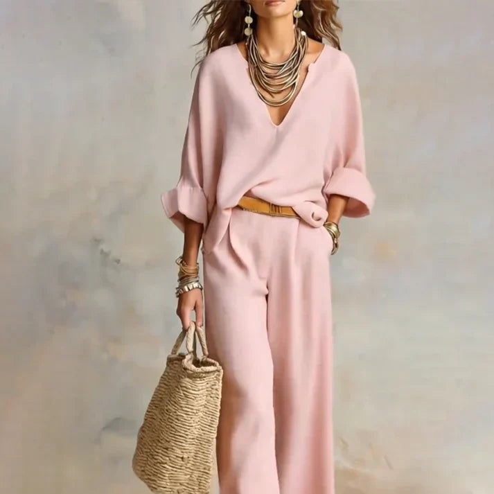 Zelora - Conjunto de top ligero con escote en V y pantalón de pierna ancha