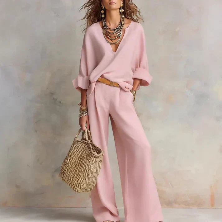 Zelora - Conjunto de top ligero con escote en V y pantalón de pierna ancha
