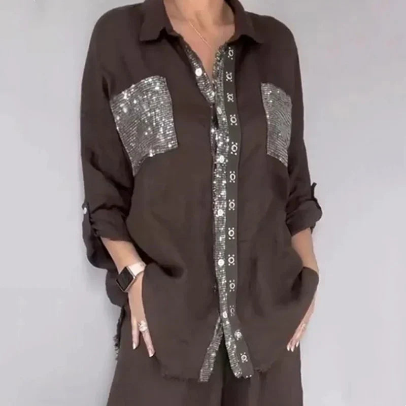 Oriavelle - Conjunto lujoso de blusa y pantalón con lentejuelas