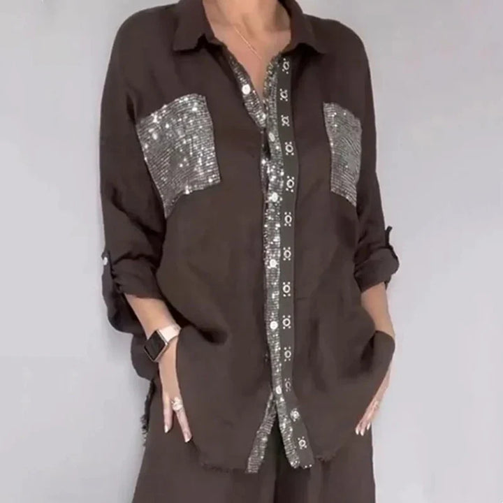 Oriavelle - Conjunto lujoso de blusa y pantalón con lentejuelas