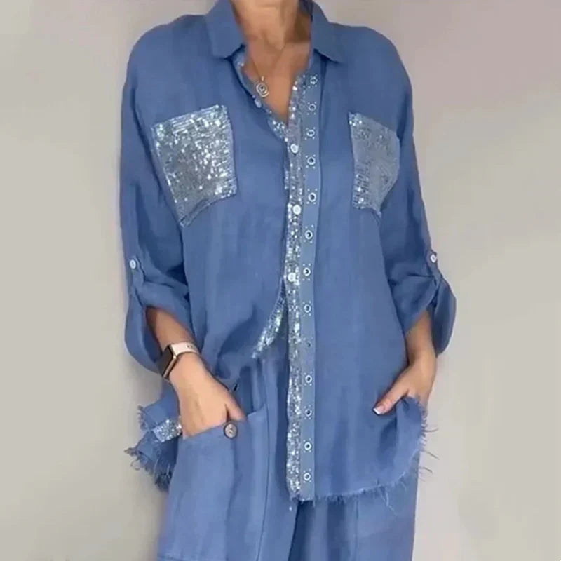 Oriavelle - Conjunto lujoso de blusa y pantalón con lentejuelas