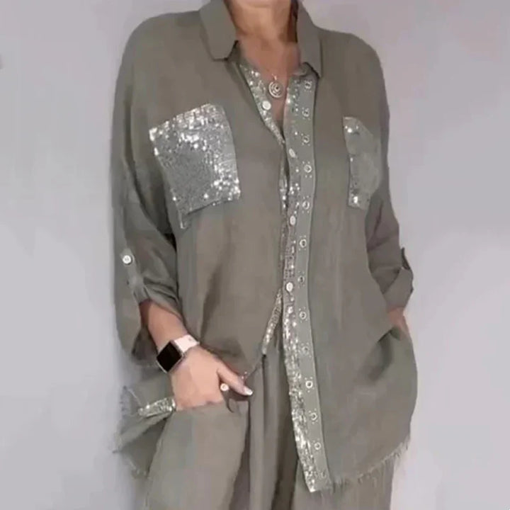 Oriavelle - Conjunto lujoso de blusa y pantalón con lentejuelas