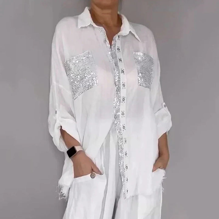 Oriavelle - Conjunto lujoso de blusa y pantalón con lentejuelas