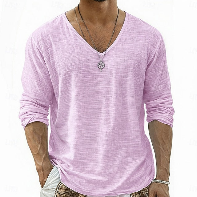 Crispin - Camisa de lino transpirable de manga larga con cuello en V