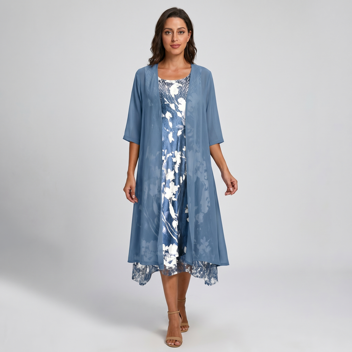 Delavelle - Conjunto elegante de vestido midi con capas