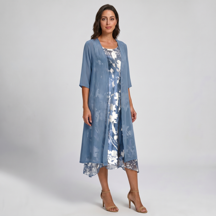 Delavelle - Conjunto elegante de vestido midi con capas