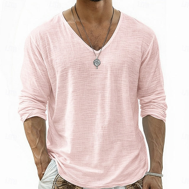 Crispin - Camisa de lino transpirable de manga larga con cuello en V
